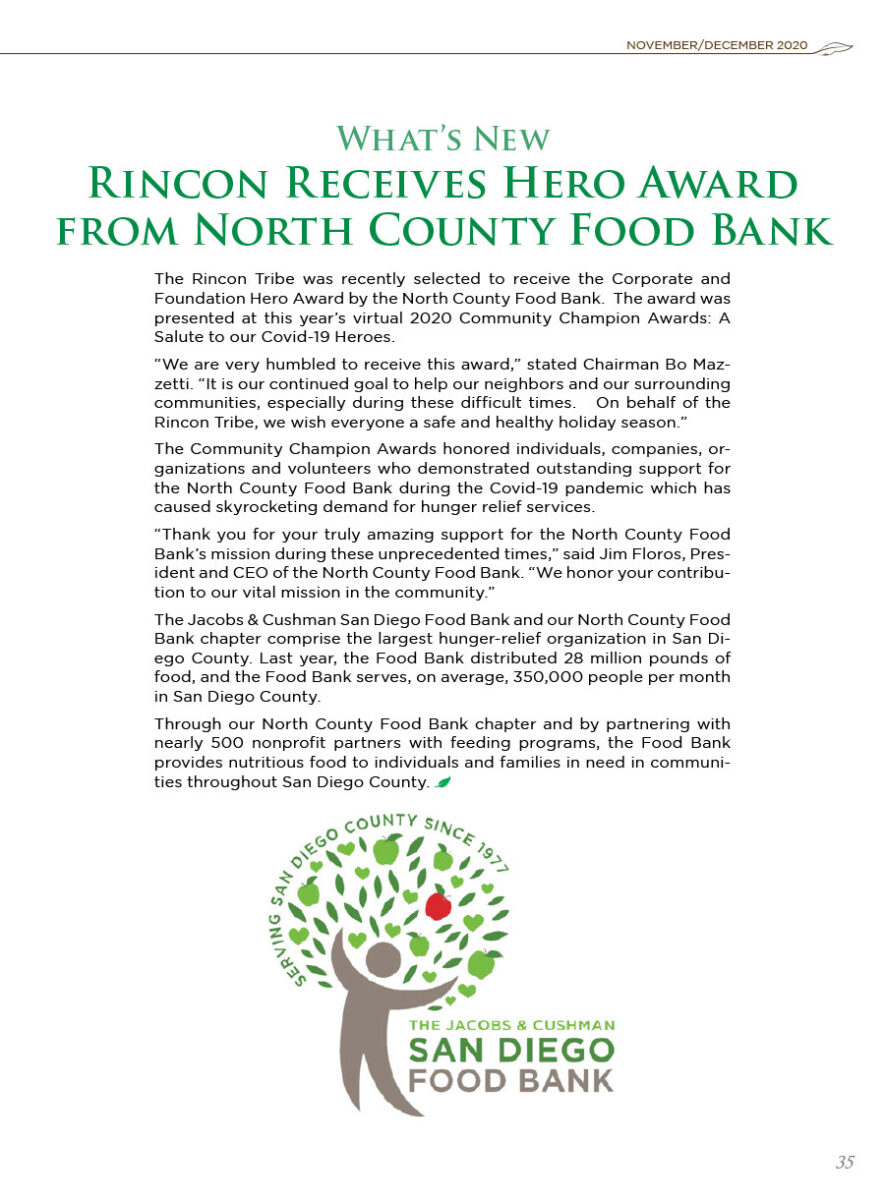 Rincon Receives Hero Award from North County Food Bank The Rincon