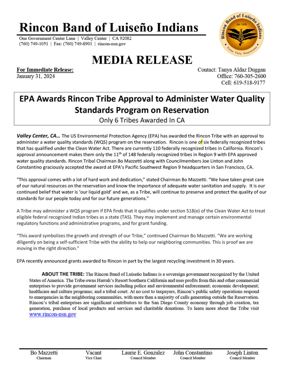 EPA Awards Rincon Tribe Approval to Administer Water Quality Standards